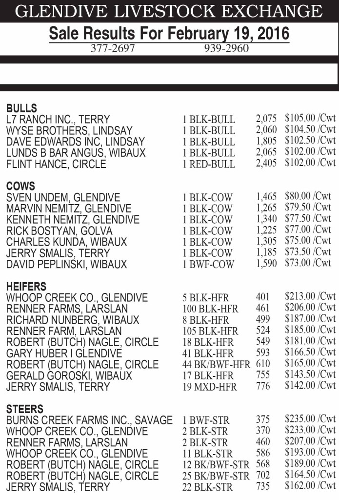 Glendive Livestock Exchange Sale Results Feb. 19, 2016
