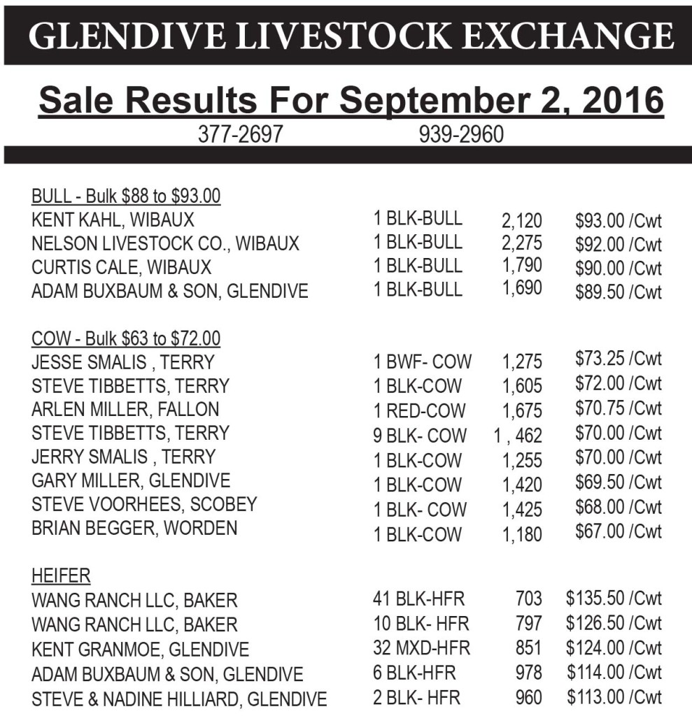 Glendive Livestock sale results September 2, 2016